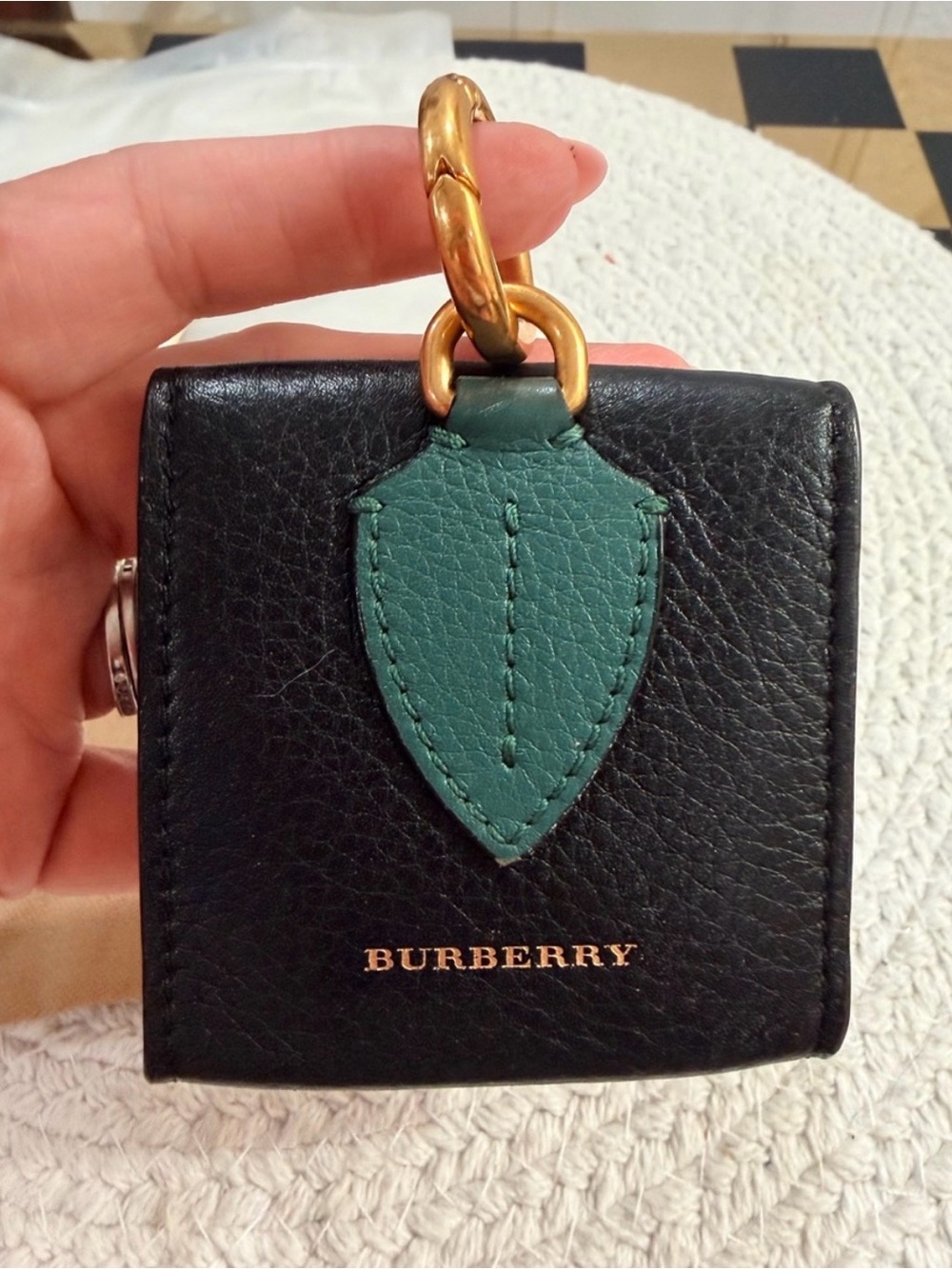 Burberry Black/Green Square Leather key chain coin case charm wallet + Full Incl - Picture 4 of 10